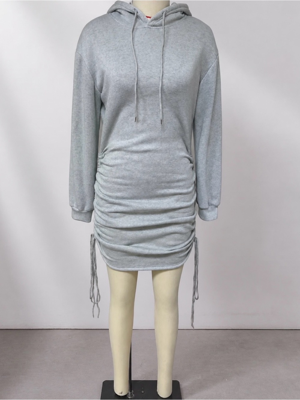 2396 -Casual Drawstring Ruched Hooded Bodycon Mini Sweatshirt Dress - Picture 5 of 16